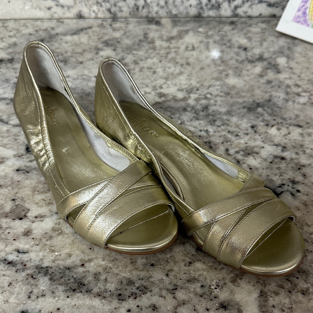Elegant Gold Peep-Toe Flats by Cole Haan